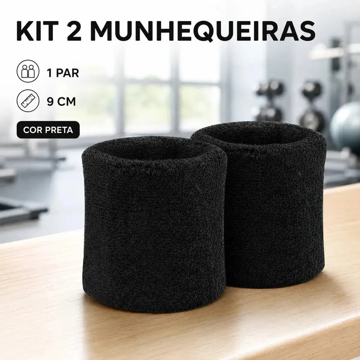 Par Munhequeira Atoalhada Pulso Tênis Squash Corrida Fitness Cor Preto Tamanho Único