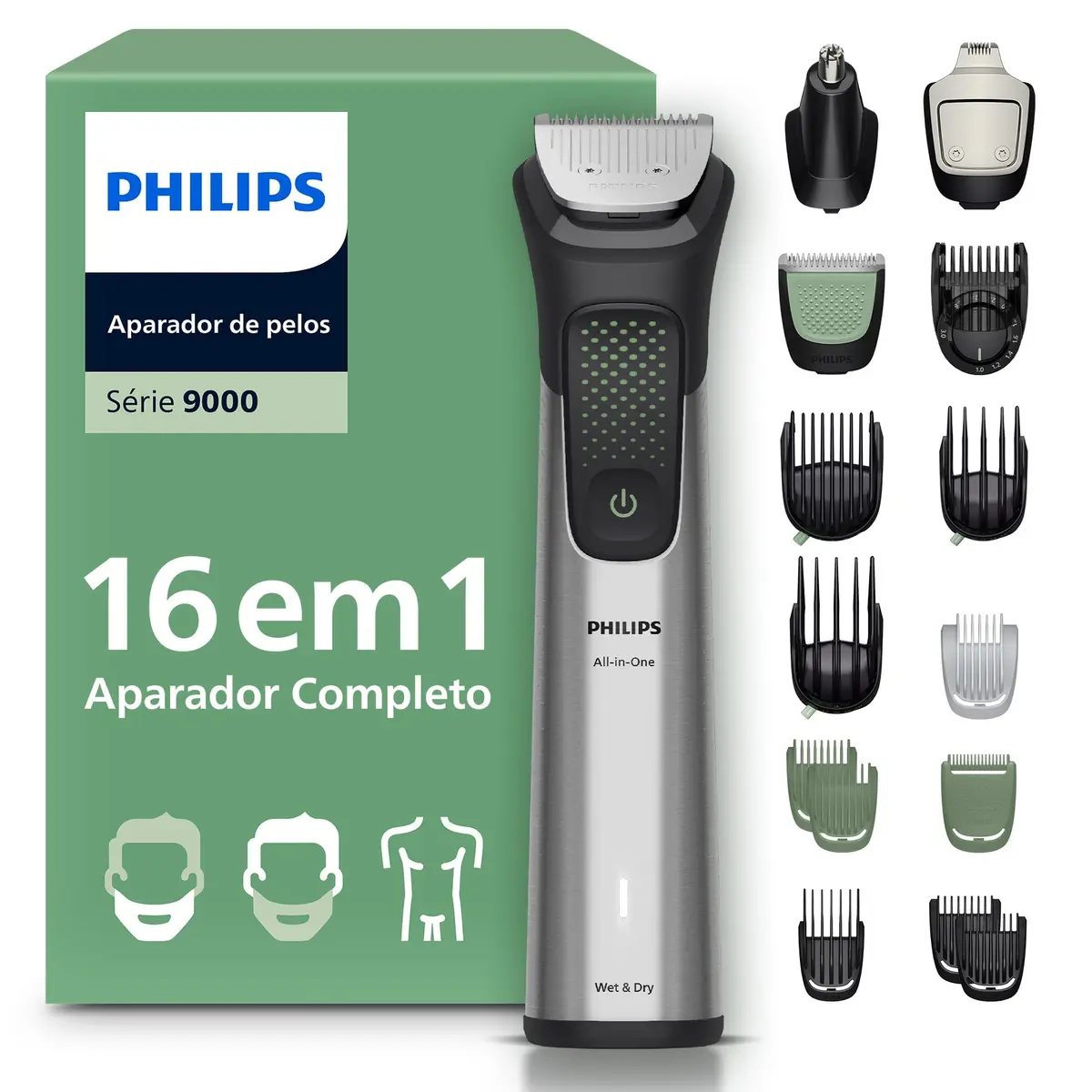 Philips Aparador e Barbeador Elétrico Série 9000 All-in-One 16 em 1 Premium | Versatilidade para cuidar do visual completo | Rosto, cabelo e corpo | 120 min sem fio | 100% À prova d'agua | MG9532/15