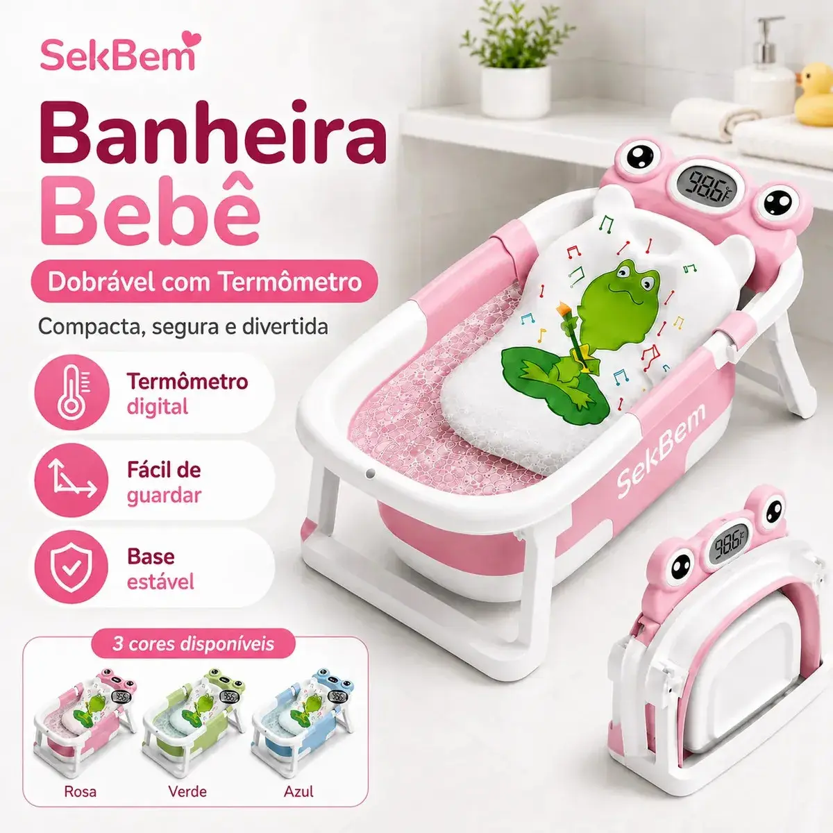 Banheira Bebê Dobrável Flexível Com Termômetro E Almofada de Banho Cor Rosa - 1