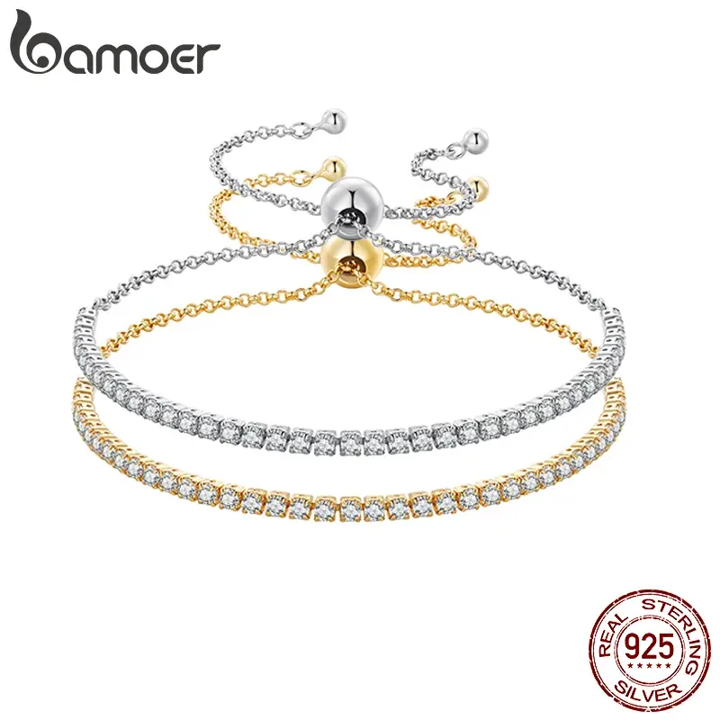 Bamoer pulseira de tênis clássica cz banhada a ouro 18k para mulheres, pulseira deslizante ajustável de prata esterlina 925, joia de casamento, presente