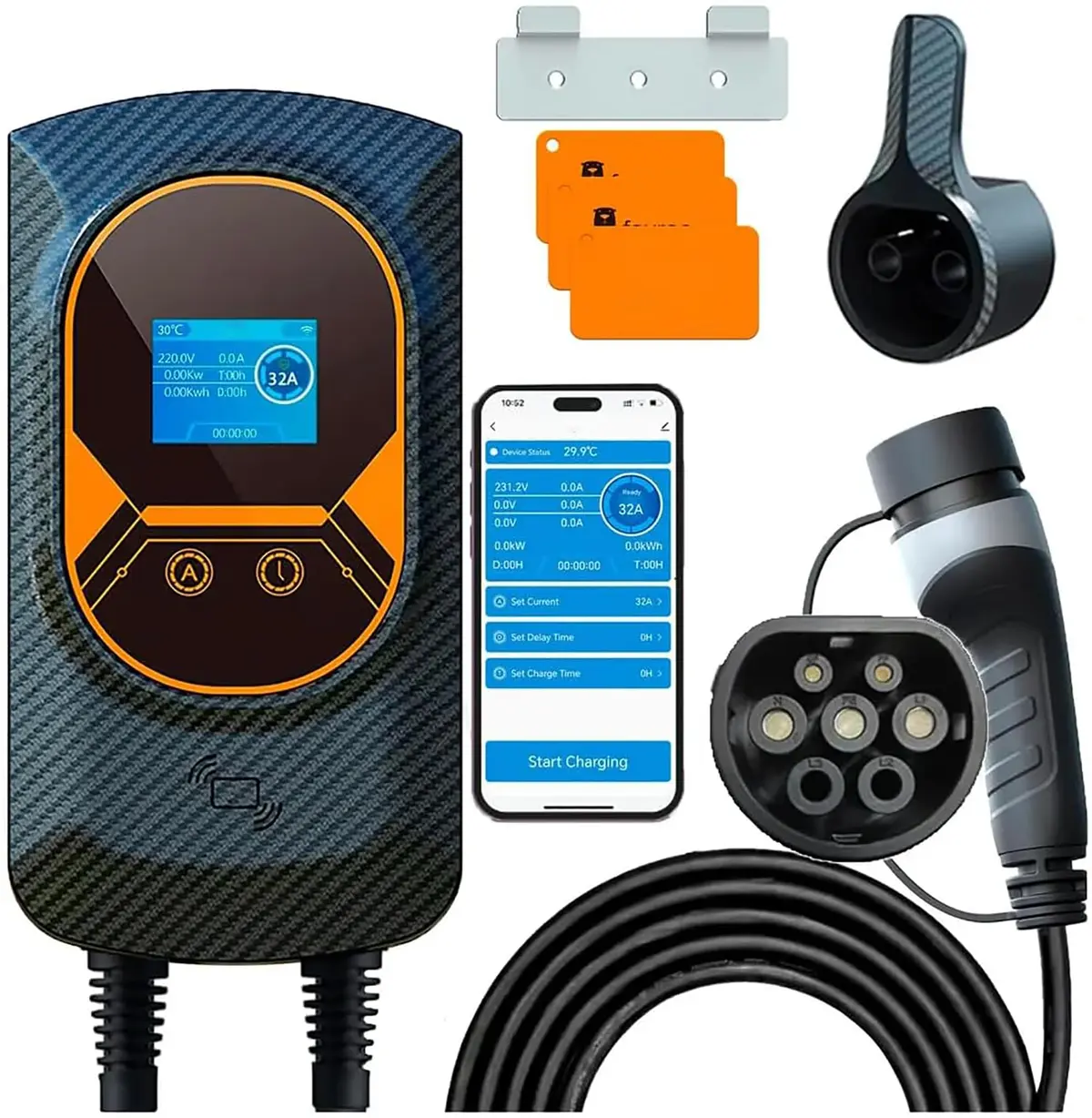 Carregador para Carro Elétrico Portátil, 7,6KW 8-10-13-16-25-32A 85-264V Type 2, Cabo de 5M,Carregador EV Tipo 2 para Carros Elétricos e Híbridos,Uso interno/externo,conexão de celular wi-fi/app
