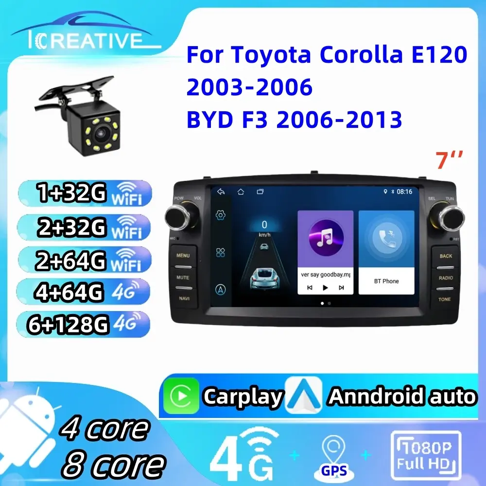 Rádio do carro android para toyota corolla e120 2003-2006 byd f3 carplay multimídia 7 ''reprodutor 2din unidade principal de áudio automático navegação gps - 1