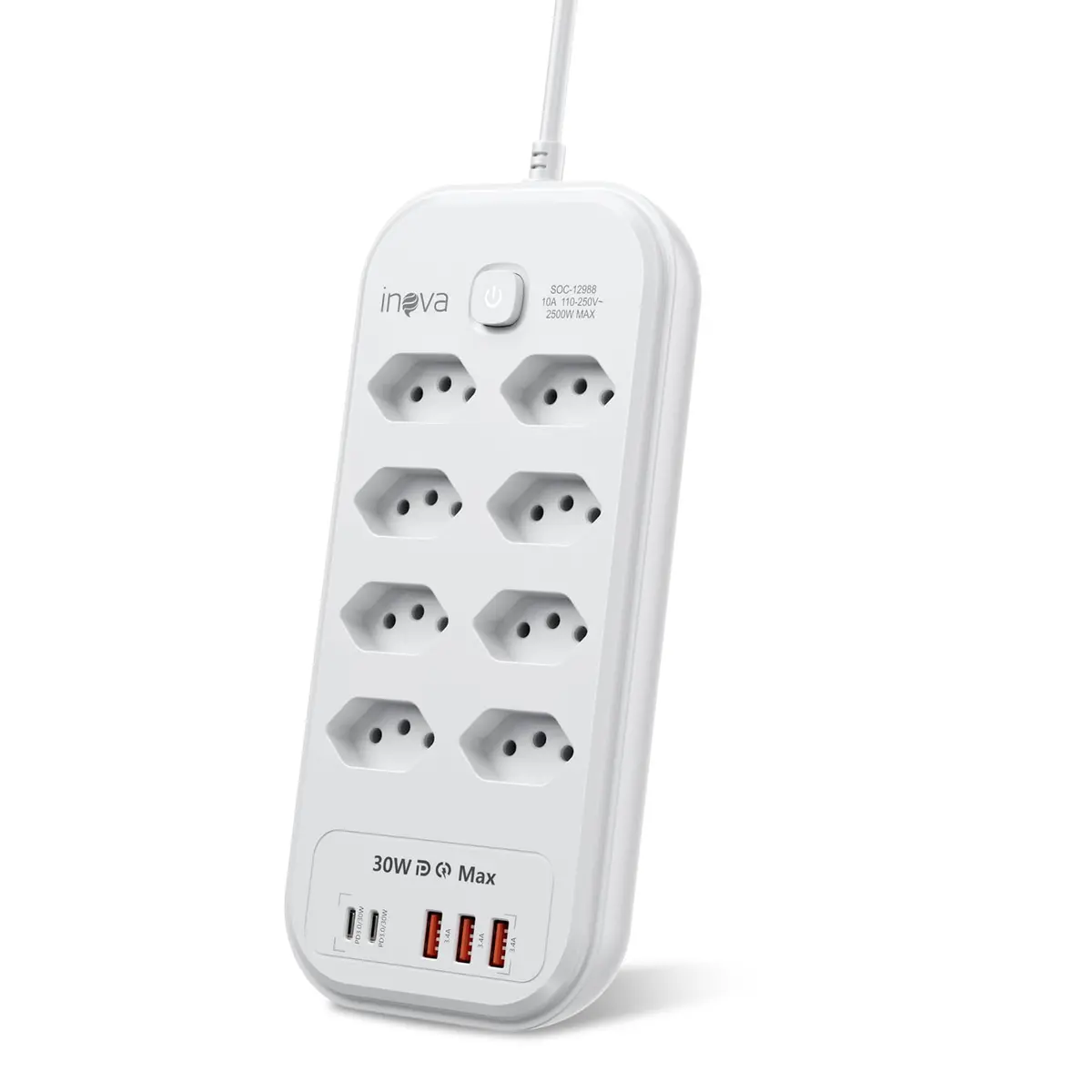 Filtro de LinhaRégua Tomada, 8 Tomadas 10A, 3 Interfaces USB, 2 Porta USB Tipo-C, Cabo de Alimentação de 2 metros, Potência de 2500W Bivolt 110-250V Premium Extensão Tomada (8 Tomadas)