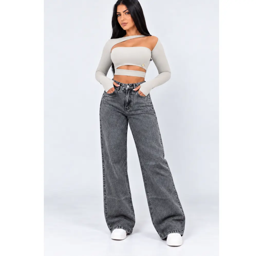 calça wid leg feminina Jeans Cintura Alta Cós Alto sem Lycra Grossa Rasgada Cinza Grafit Marmorizada - 1