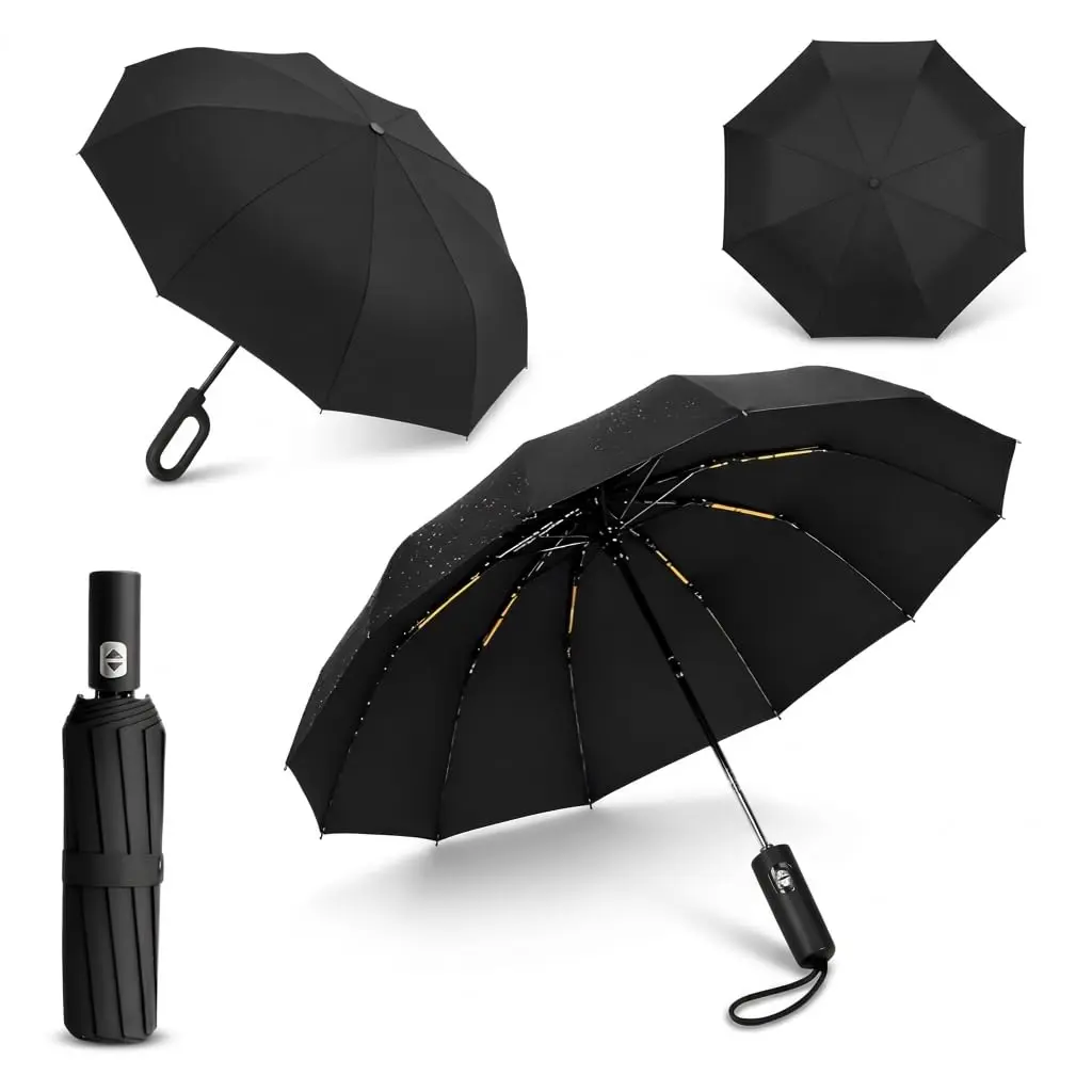 Guarda-Chuva Automático Premium 10 Varetas Reforçadas | Abre e Fecha com 1 Clique | Resistente ao Vento | Dobrável Compacto | Impermeável | Preto