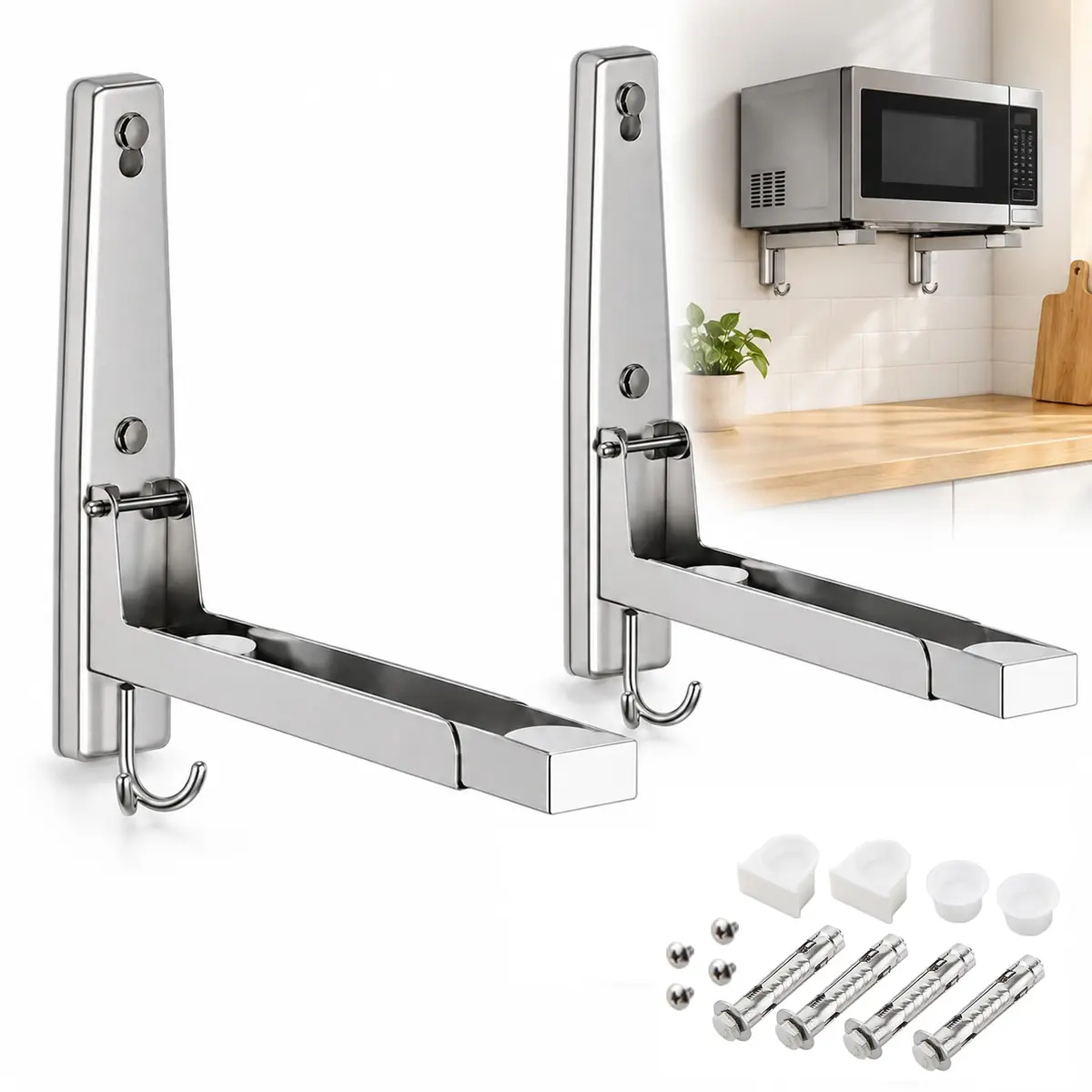 Suporte para Microondas de Parede em Aço Inoxidável, Comprimento Ajustável com Gancho, Instalação Fácil, Suporta até 20kg – Economiza Espaço na Cozinha e Ideal para Apartamentos