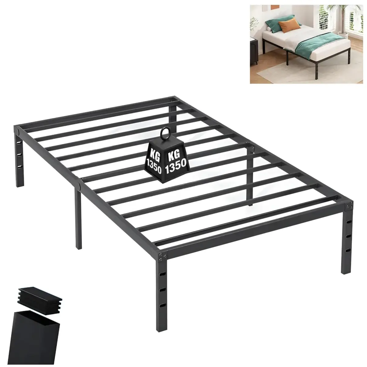 Estrutura De Cama De Metal, Cama de Solteiro Casal, 1350kg de Capacidade, Sem Necessidade de Mola, Silenciosa, Fácil Montagem (Solteiro: 190 * 96 * 36cm)