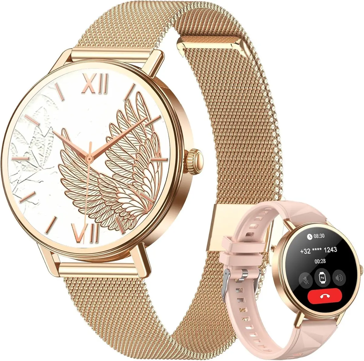 Blackview Smartwatch Feminino 1.26" - Chamadas Bluetooth, 100+ Modos Esportivos, Monitor Fitness, 2 Pulseiras, Cores: Preto, Dourado e Prata - Compatível Android/iOS