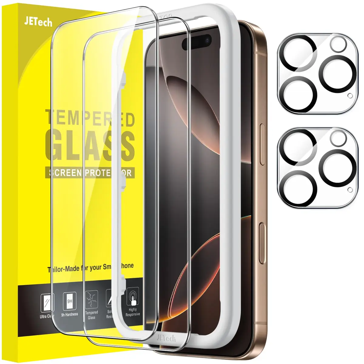 JETech Protetor de Tela para iPhone 16 Pro Max, 2+2 Unidades | com Protetor de Lente da Câmera, Película de Vidro Temperado HD Transparente, Ferramenta de Instalação Rápida - 1