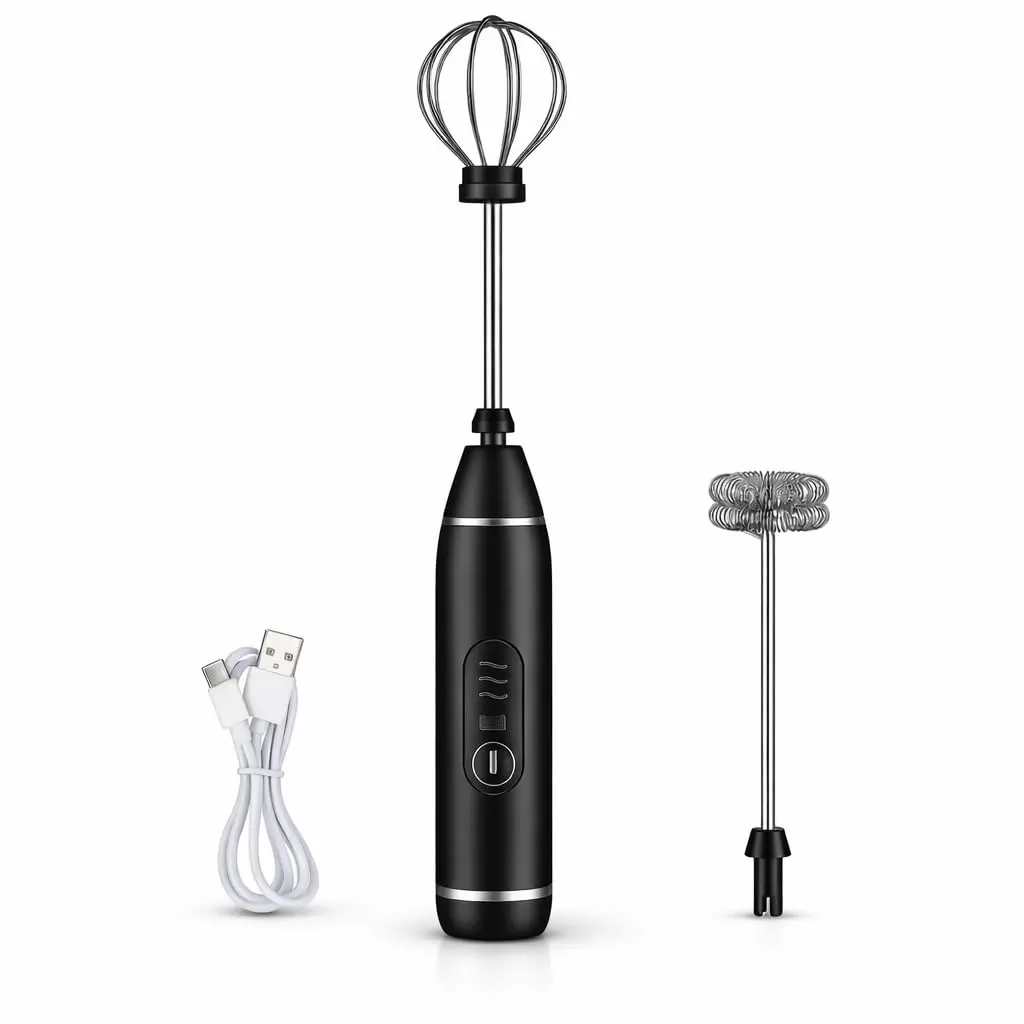 Mini Mixer Elétrico Portátil, 3 Velocidades, Batedor Fouet Inox, Recarregável USB Misturador para Bebidas e Ovos (Preto)