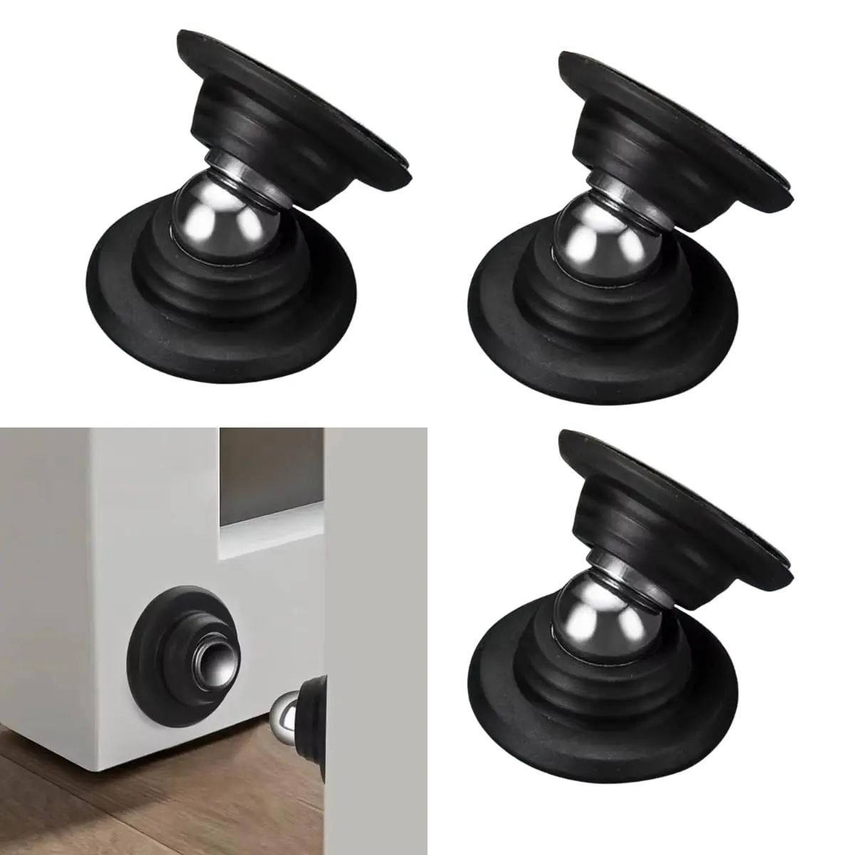 Kit 3 Pares - Prendedor Magnético de Porta com Fixação Adesiva e Parafusos – Batente Trava Fixador de Aço Inoxidável, Protege Paredes, Instalação Fácil, Uso em Casa e Escritório (Preto) - 1