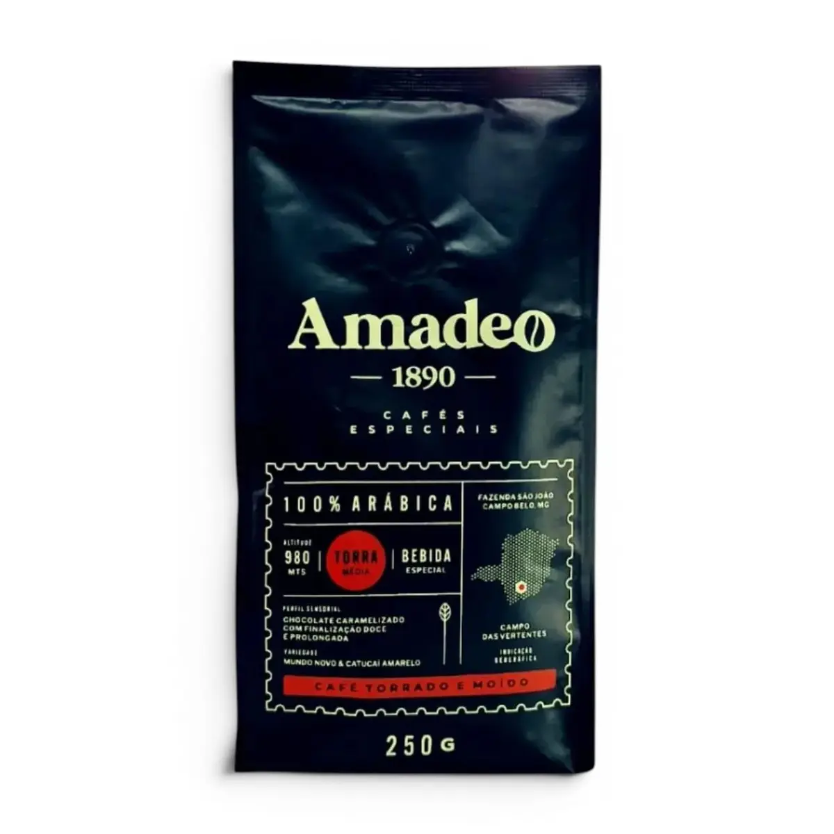 Café Especial Torrado moído Amadeo 1890 100% Arábica Especial 250g Torra Média Aroma Chocolate Caramelo Blend Mundo Novo Catucaí Amarelo Cultivo Alto Fazenda São João Minas Gerais