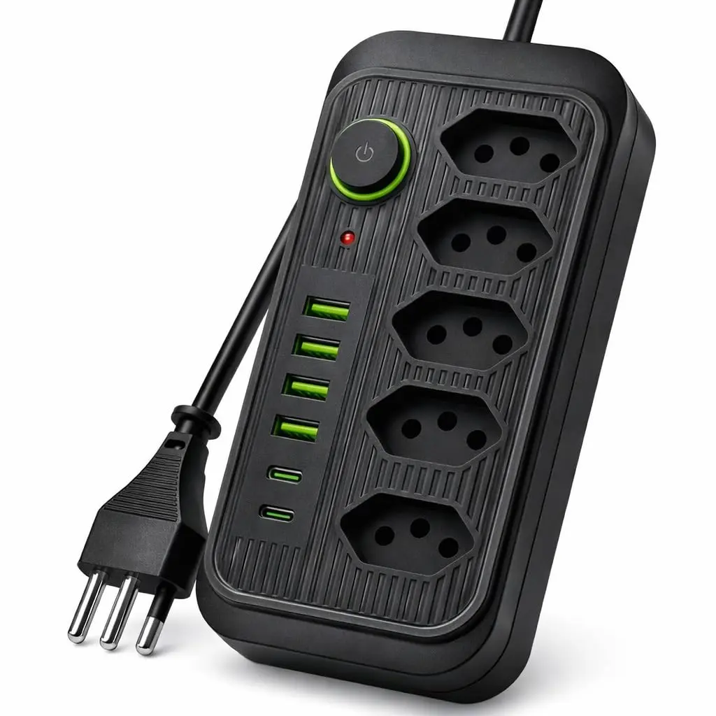Extensão Tomada, Régua Tomada, Régua de Energia, 5 Tomadas, 4 Interfaces USB, 2 Porta USB Tipo-C, Cabo de Alimentação de 1,9 metros, Suporte a Tensão de 110-220V, Potência de 2500W
