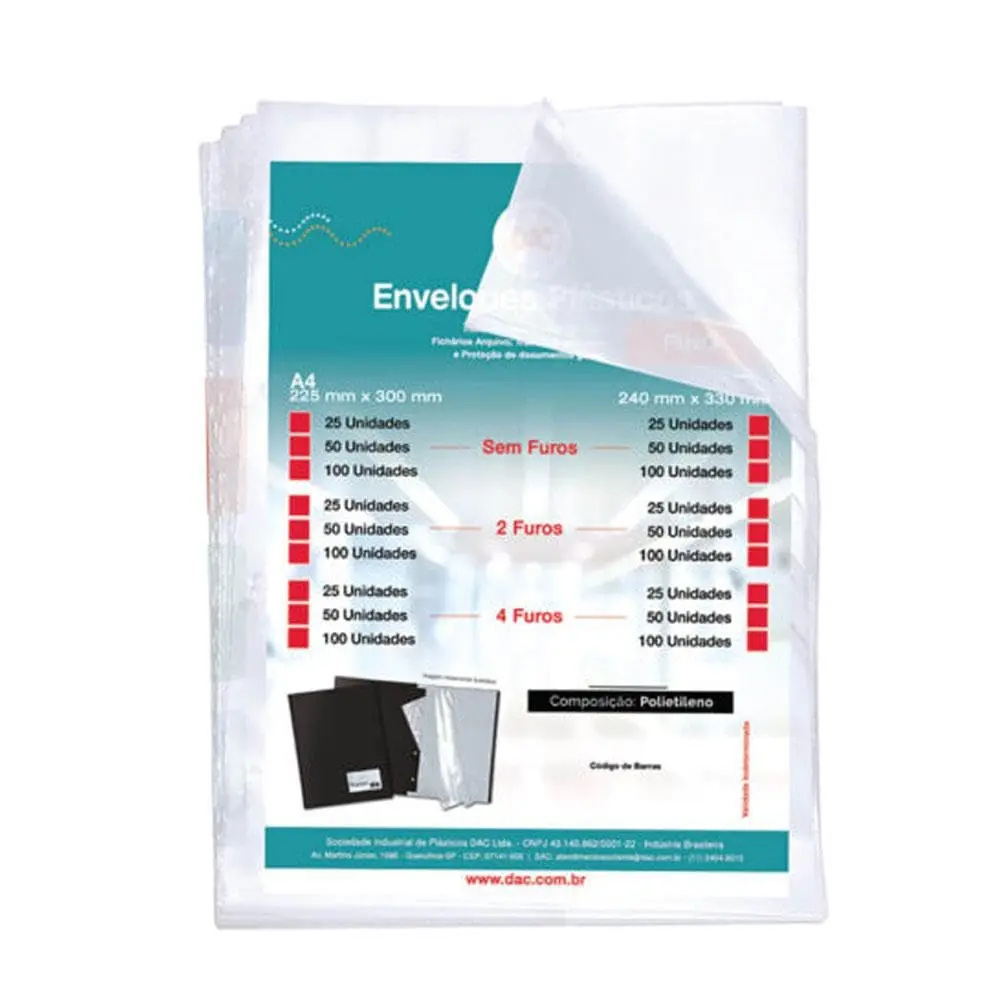 Blister 50 Envelopes A4 Fino 4 Furos, DAC, Blister 50 Envelopes A4 Fino 4 Furos 5070A4-50, Transparente, 5070A4-50