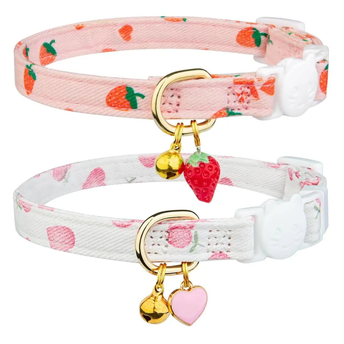 Kit 2 Coleiras para Gatos Estampa Morangos Rosa + Pingente Coração Branco | Algodão Premium Breakaway – Conforto Antiatrito, Segurança de Desengate e Design Fofo para Gatos e Gatinhos