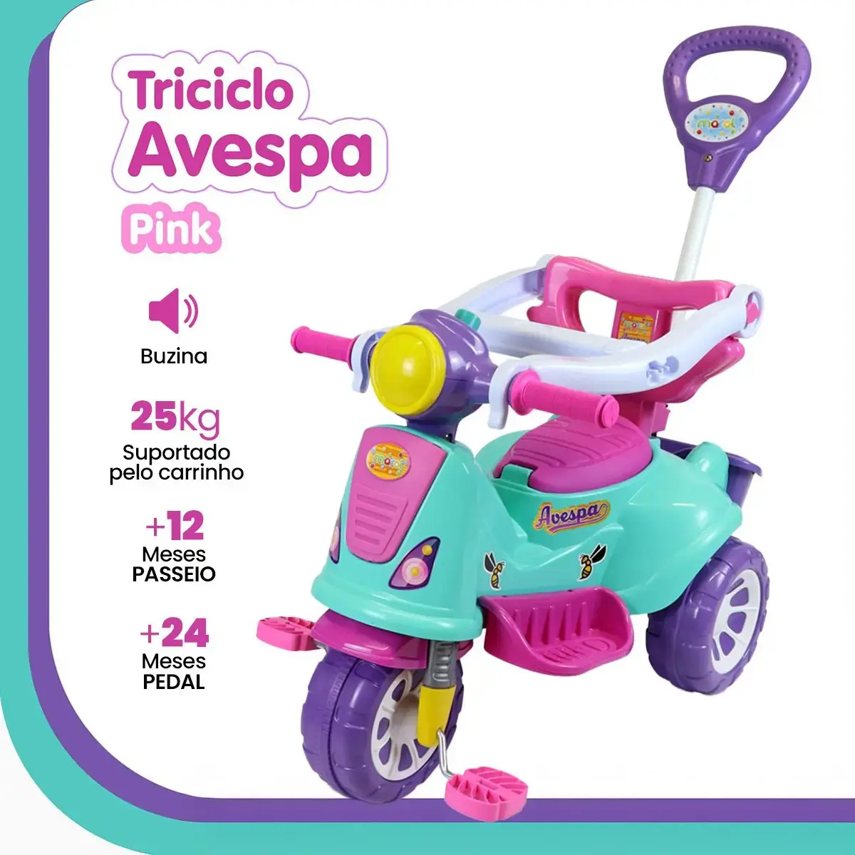 Triciclo Infantil Rosa Maral 2 em 1 Passeio e Pedal com Buzina thumbnail 3