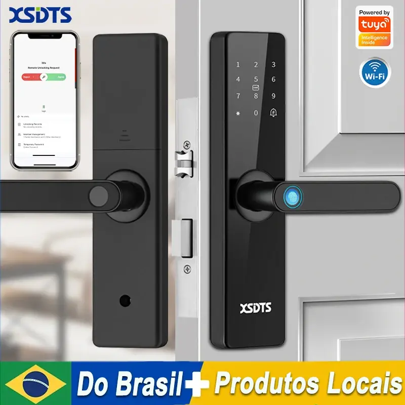 Fechadura eletrônica inteligente com impressão digital biométrica, cartão inteligente, senha, desbloqueio por chave, usb, aplicativo tuya, bloqueio de carga de emergência para casa