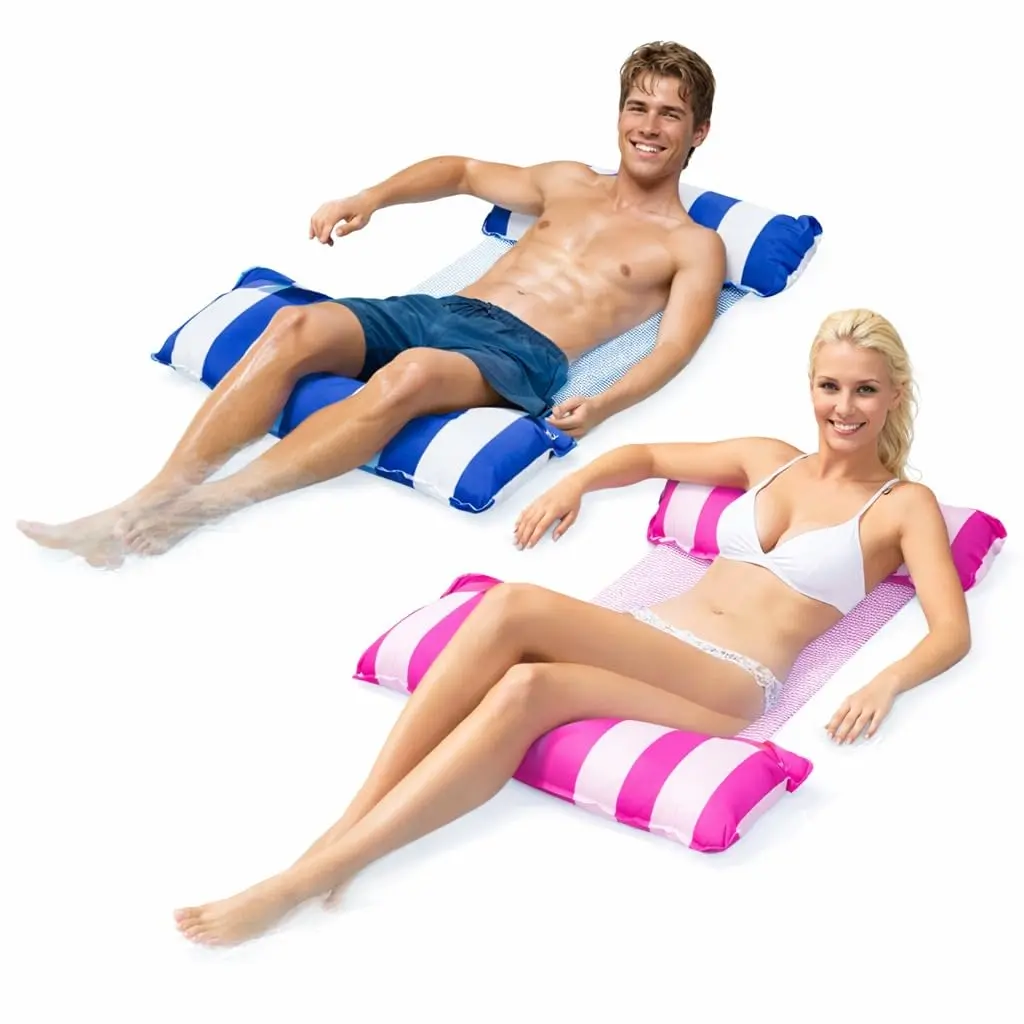 Kit 2 Boias Rede Piscina Cama Inflável Flutuante Espreguiçadeira Adulto Descanso para Casal Cadeira de Água Premium com Encosto de Cabeça Colchão de Água Acessório Verão