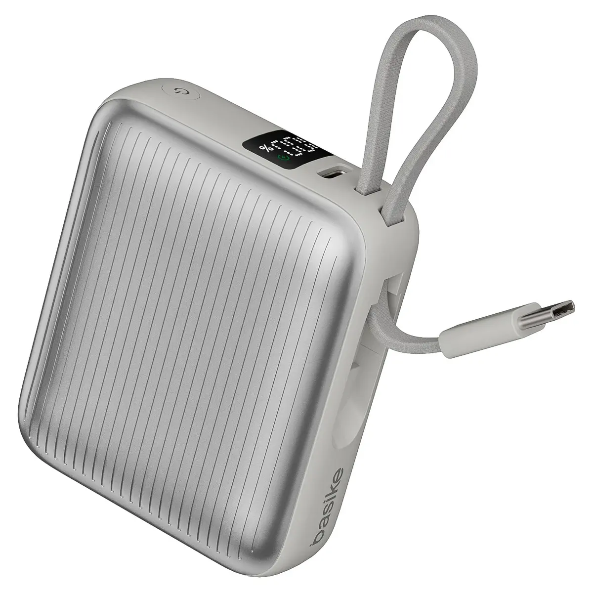 Basike Power Bank 10000mAh 35W, Cabo Tipo-C Integrado, Compacto, Prata | Carregador Portátil, 2 Saídas, Bateria Externa de Carregamento Rápido PD/QC para iPhone Séries 17/16/15, Samsung S25/24/23/22
