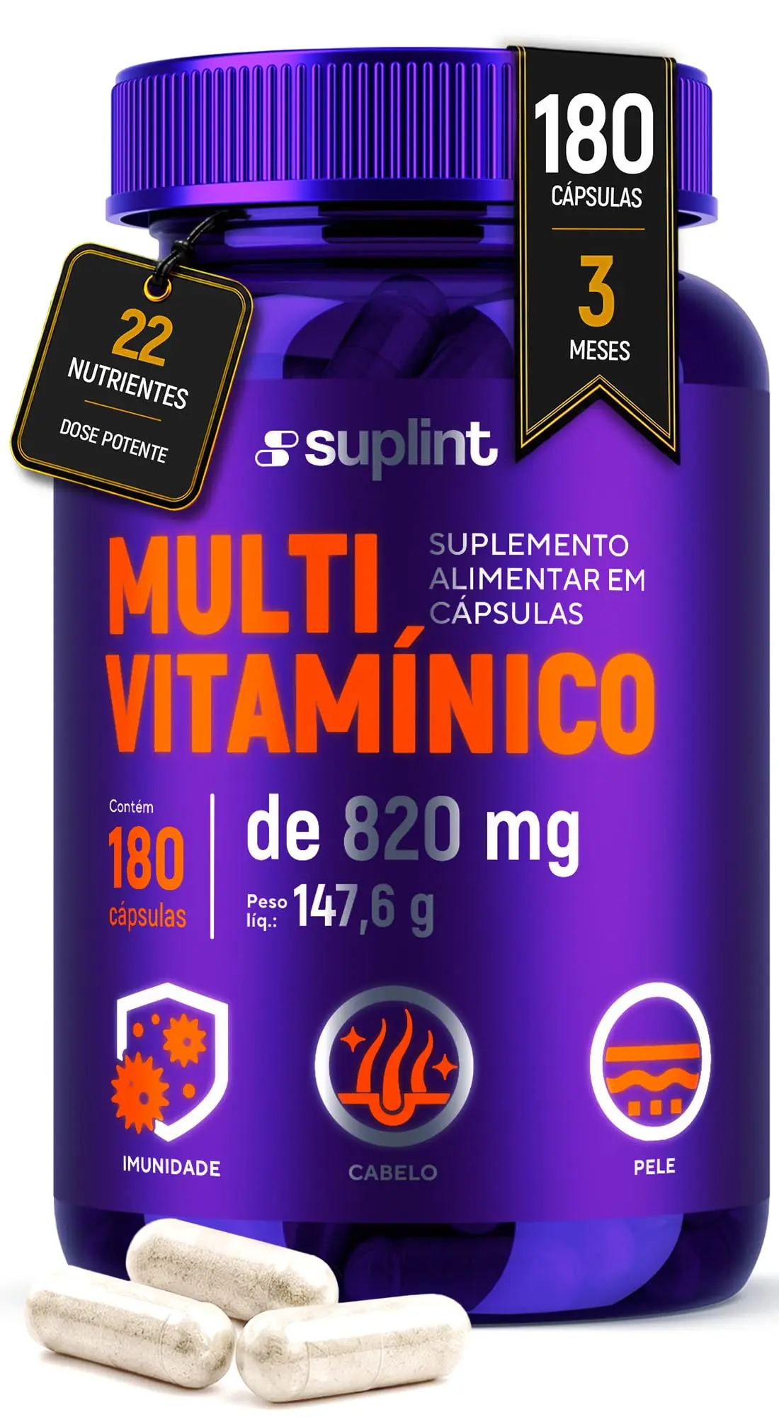 Multivitamínico com Vitaminas A, C, D, E, K e Complexo B + Zinco, Ferro e Cromo – Imunidade, Cabelo e Pele – Sem Glúten – 180 Cápsulas