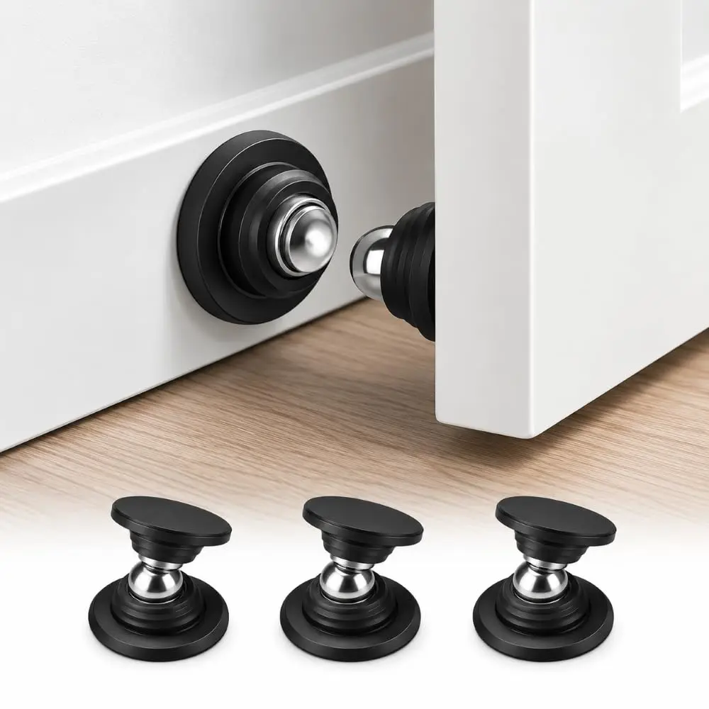 Trava Porta Magnética Kit 3 Fixação Adesiva Aço Inox (Preto) | Fixação Adesiva, Sistema Magnético Silencioso, Anticorrosão, Uso Interno, Design Discreto