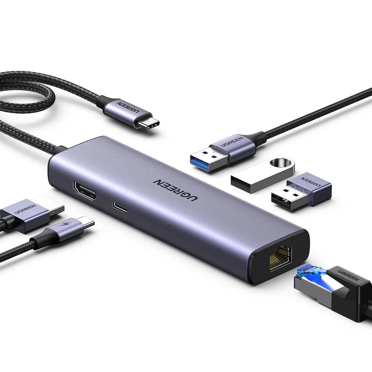 UGREEN Revodok Hub USB C 6 em 1 | 4K HDMI, Gigabit Ethernet, 100W PD, 3*USB A 3.0 Compatíveis com Mac M1, M2, M3, iPad, iPhone 16 Pro/Pro Max