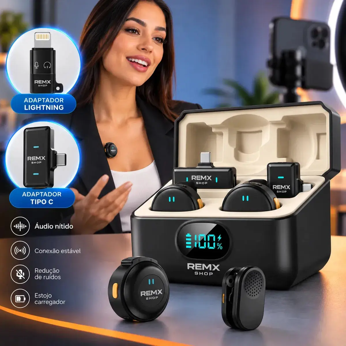 Microfone Lapela Redondo Sem Fio Duplo Imã Para Android E iPhone 15 16 17 Anti Ruído Com Caixinha Para Carregamento Portátil Remx Shop - 1
