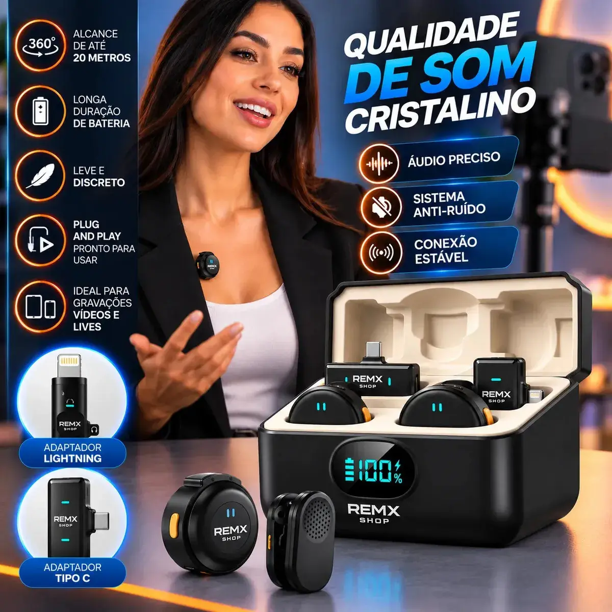 Microfone Lapela Redondo Sem Fio Duplo Imã Para Android E iPhone 15 16 17 Anti Ruído Com Caixinha Para Carregamento Portátil Remx Shop thumbnail 2