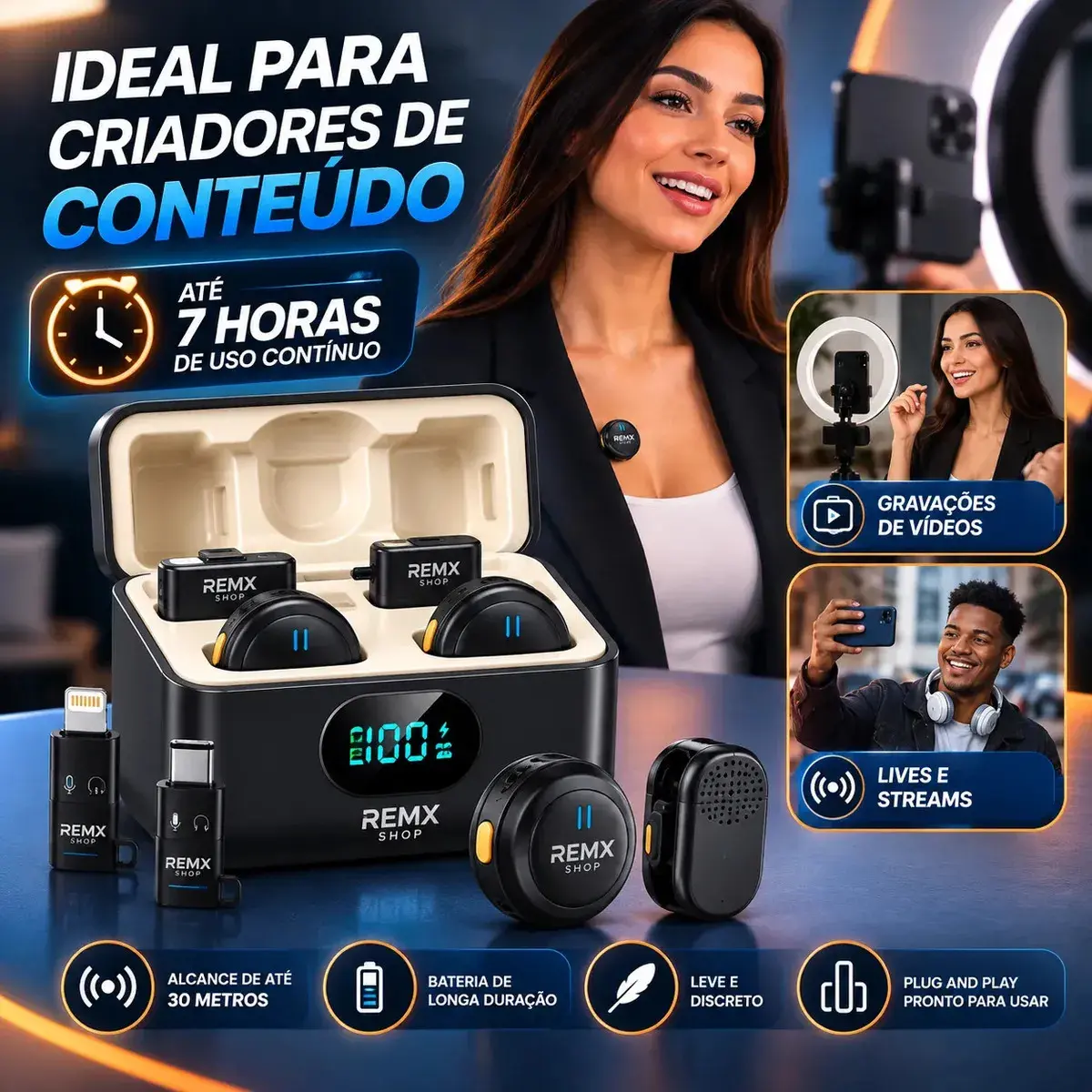Microfone Lapela Redondo Sem Fio Duplo Imã Para Android E iPhone 15 16 17 Anti Ruído Com Caixinha Para Carregamento Portátil Remx Shop thumbnail 4