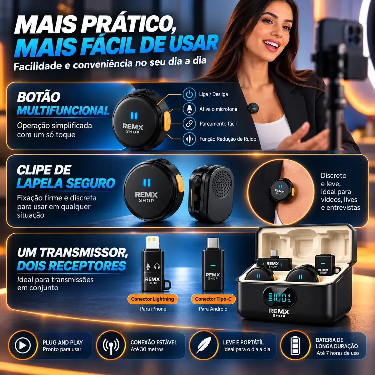 Microfone Lapela Redondo Sem Fio Duplo Imã Para Android E iPhone 15 16 17 Anti Ruído Com Caixinha Para Carregamento Portátil Remx Shop thumbnail 5
