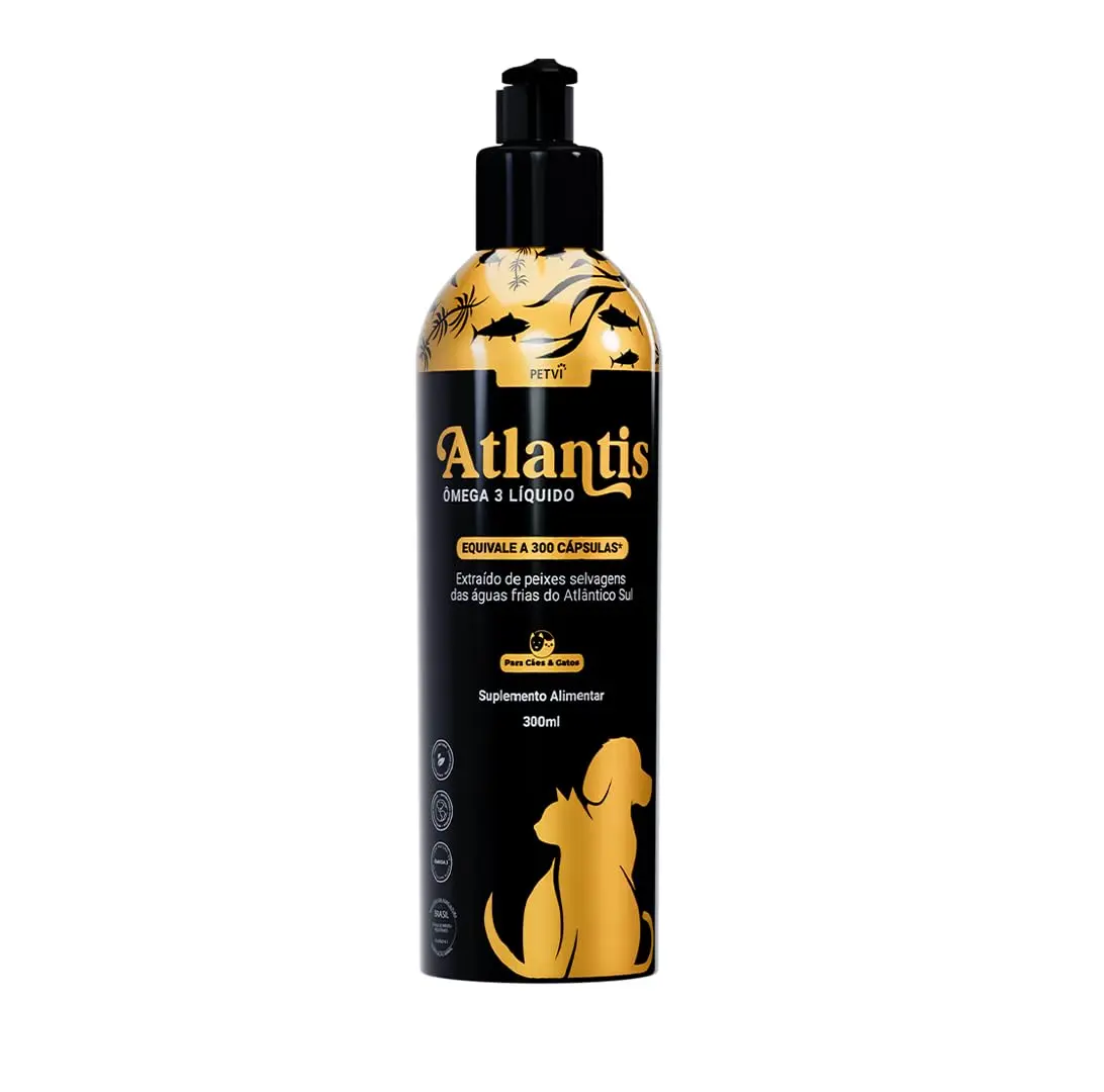 Atlantis | Ômega 3 Líquido para Cães e Gatos | Pele, Pelos e Saúde do Coração | 300ml | Mix de Peixes Selvagens | 100% Natural e Formulado por Veterinários – PETVI