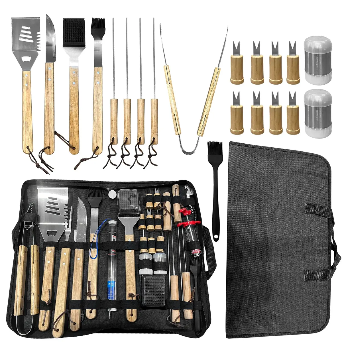 Kit Churrasco Profissional para Churrasco 25 Peças Conjunto Completo para Grelha com Espetos, Pincel, Garfos e Bolsa de Transporte, Aço Inox - 1