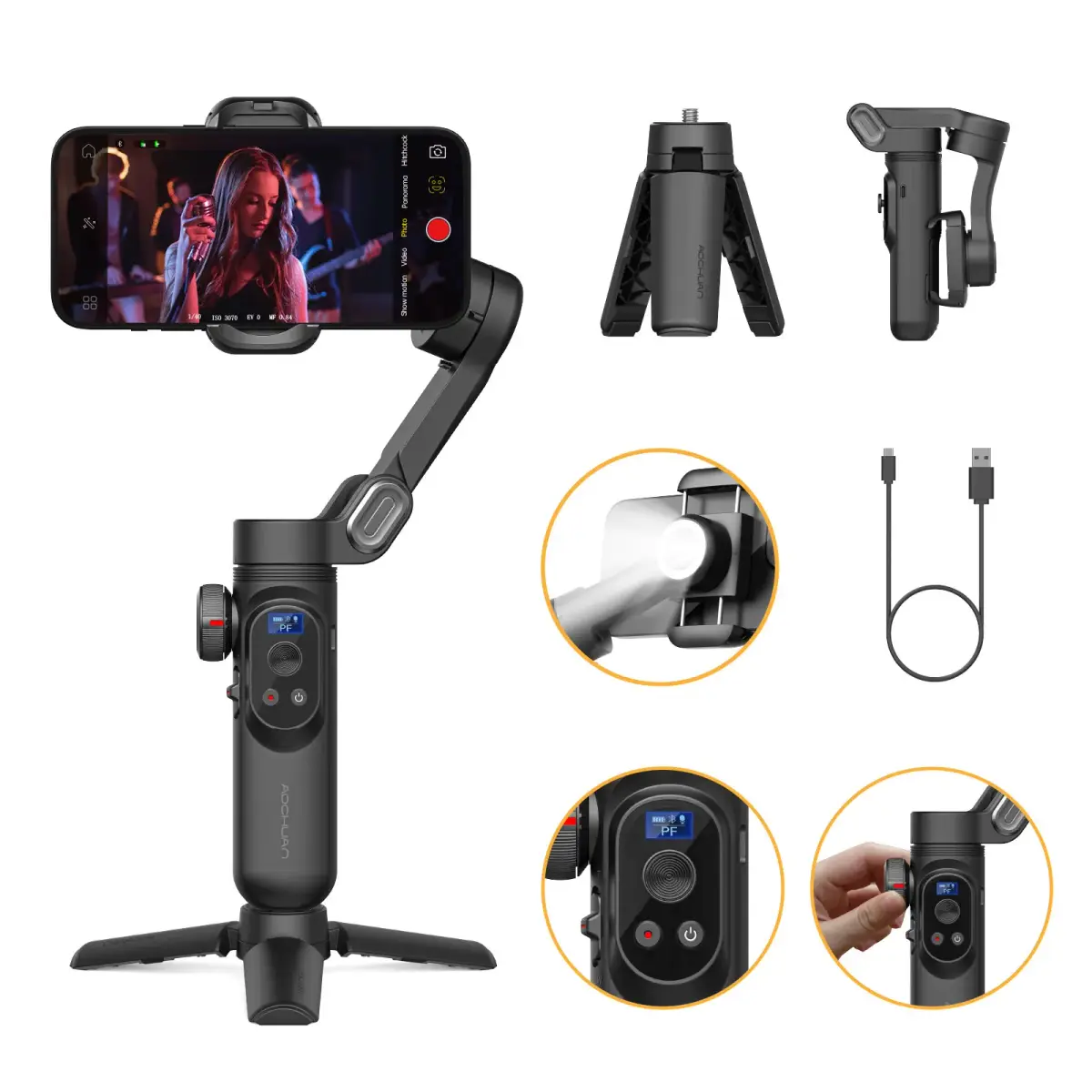 Estabilizador de Gimbal de 3 Eixos AOCHUAN Smart XPro para Smartphone, Compatível com iPhone e Android, para Gravação de Vídeo com Efeito de Luz de Preenchimento - 1