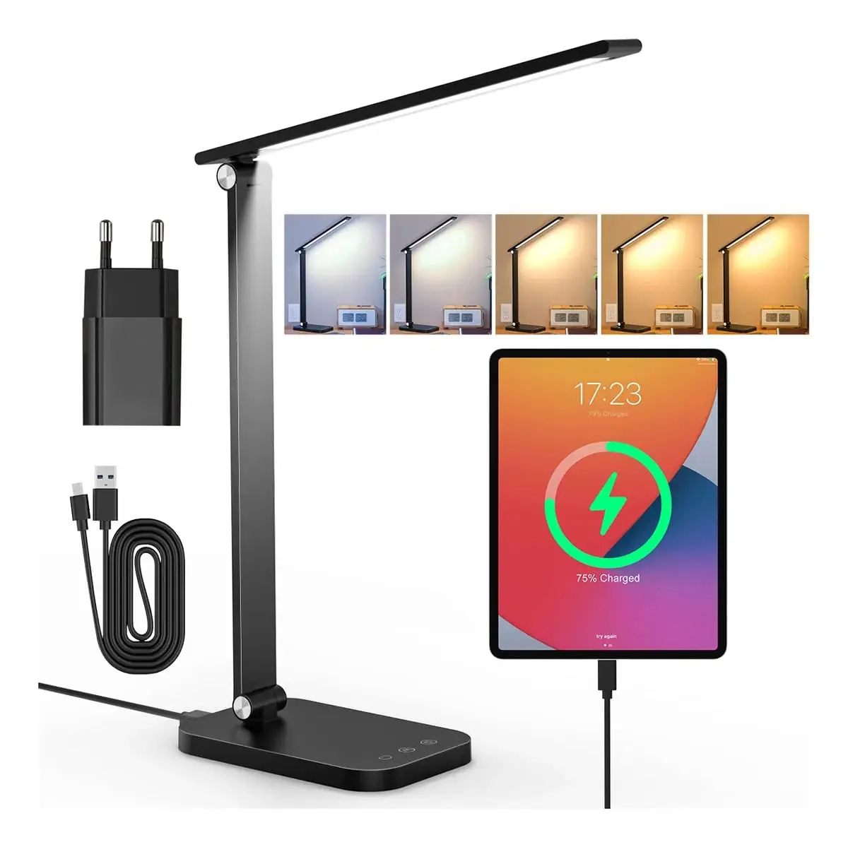 Luminária de Mesa LED com Dupla Alimentação Tomada e USB, 50 LEDs 320Lm, Dimerização Contínua 3000K-6000K, Timer 45min, Toque Sensível, Ideal para Escritório, Estudo e Quarto, Preto - 1