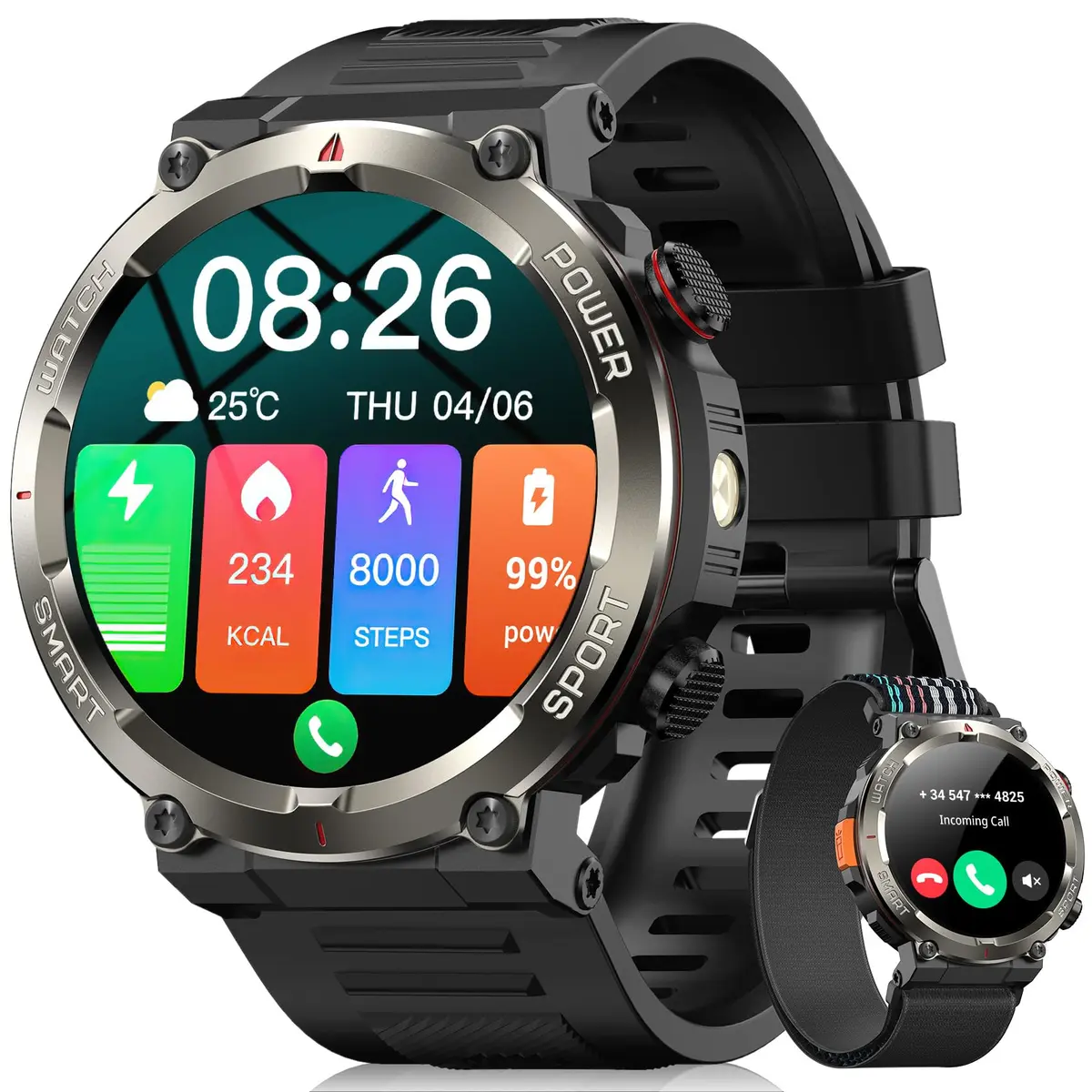 Smartwatch Militar Masculino,Relógio Inteligente com Chamadas,Tela HD de 1.45",2 Alças,100+ Modos Esportivos,Resistente à Água e Compatível com iOS e Android
