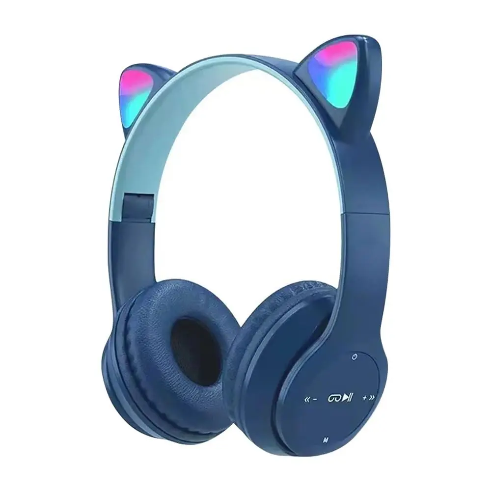 Fone De Ouvido Com Orelha de Gatinho Cat Ear Headphone Bluetooth com Luzes RGB para crianças e adultos (Azul Escuro/Azul Claro) - 1