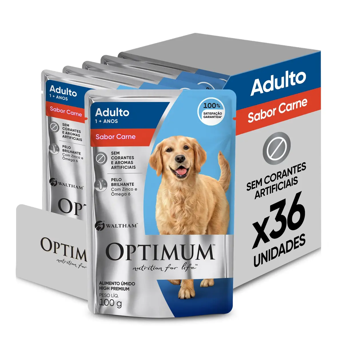 Pack Ração Úmida Optimum Sachê para Cães Adultos Sabor Carne 100g - 36 unidadaes