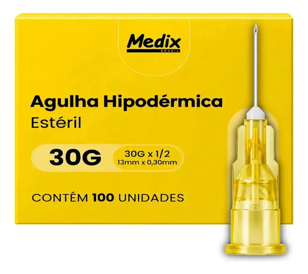 Agulha Hipodérmica Descartável - Medix - 13x0,30mm (30Gx1/2) - Amarela - Caixa com 100 unidades