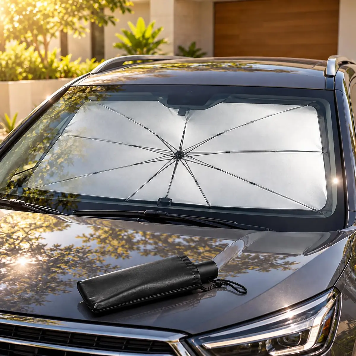 Protetor Solar para Parabrisa carro Tipo Guarda-chuva quebra sol dobrável | Superfície Refletiva, Dobrável e Compacto, Com Estojo Incluso, Cabo Ergonômico, Fácil de Instalar