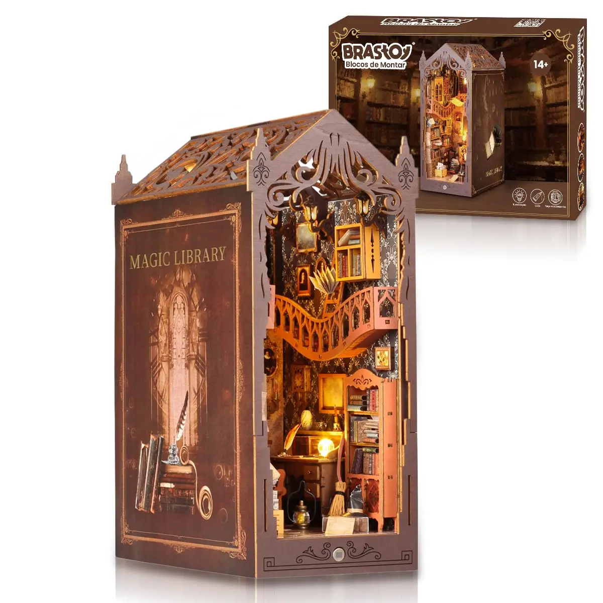 Conjunto DIY Canto de Livros: Quebra-cabeça 3D de Madeira com Sensor LED, Decoração Estante 14+ Anos - 1