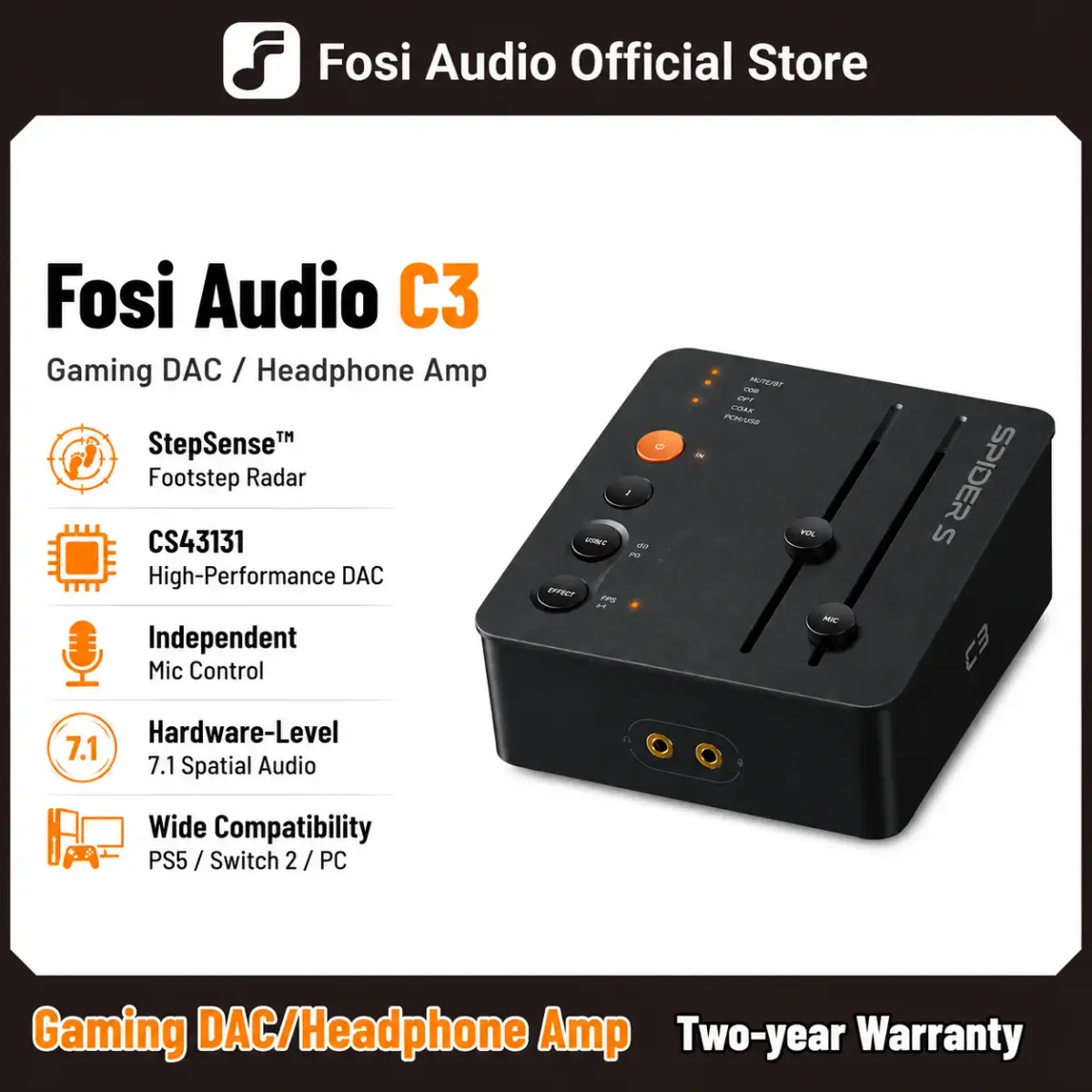 Amplificador de Fone de Ouvido Fosi Audio C3 Gaming DAC CS43131 com Melhoria de Som para PC e PS5, Placa de Som USB para Gamers com Controle de Microfone