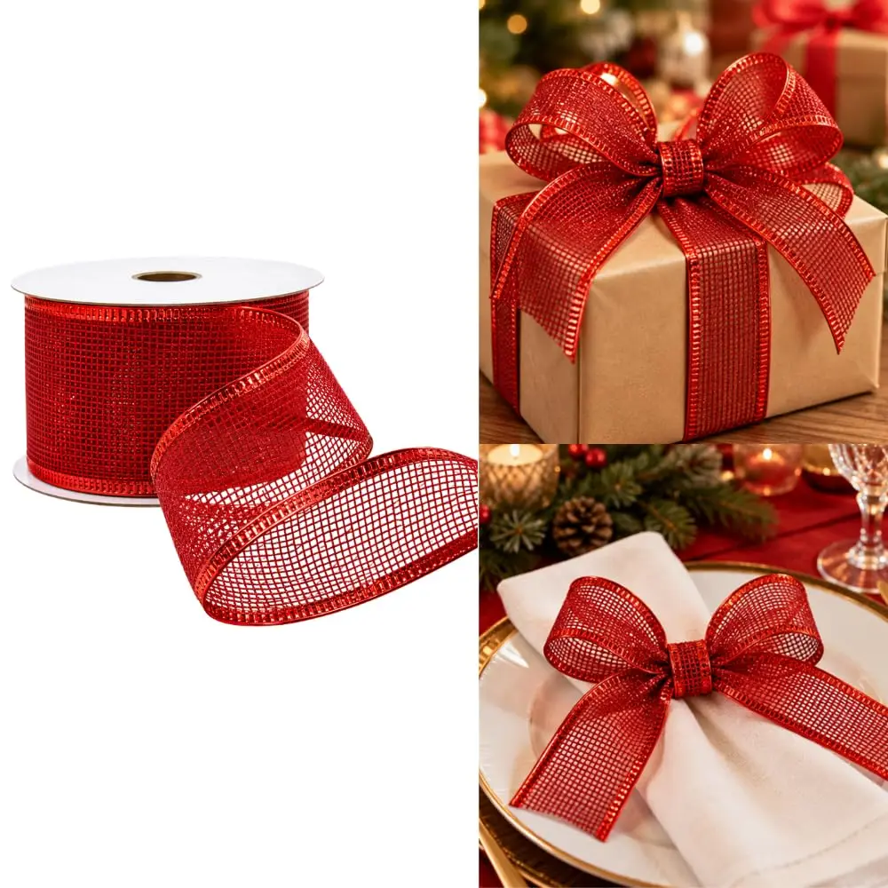 Fita Decorativa Vermelha Aramada para Laços e Enfeites de Natal | A oferta contém 1 rolo de fita decorativa