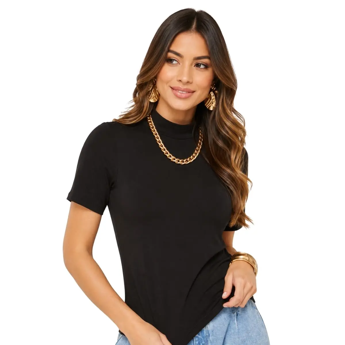 Blusa Camiseta T-Shirt Tee Feminina Gola Alta Feminina Manga curta Lisa Social elegante – Básica, Moderna e Confortável - YASDA