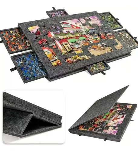 Mesa de Quebra-Cabeça Inclinável com Suporte e Capa 2 em 1, Tabuleiro Leve de Feltro com 6 Gavetas Coloridas, Mesa Portátil para Jogos para Adultos e Crianças, Cinza Prateado, 1500 peças