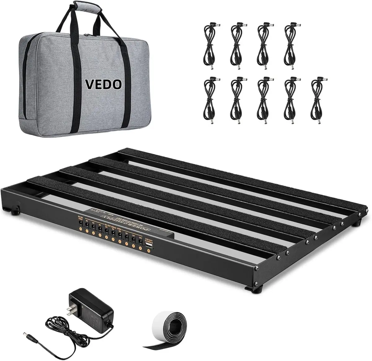 VEDO Pedalboard Grande com Fonte 9 Saídas USB 9V 12V 18V em Alumínio com Maleta e Cabos para Guitarra Baixo Efeitos VDG88013