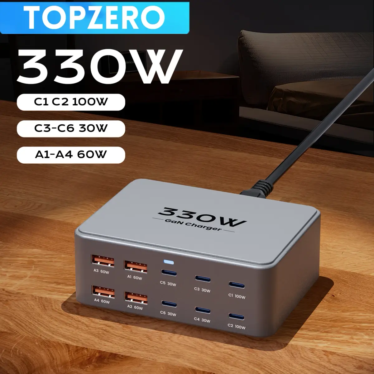 330w gan usb c carregador de mesa de 10 portas tipo c 100w pd3.0 pps qc3.0 carregamento rápido para macbook tablet samsung iphone 15 16