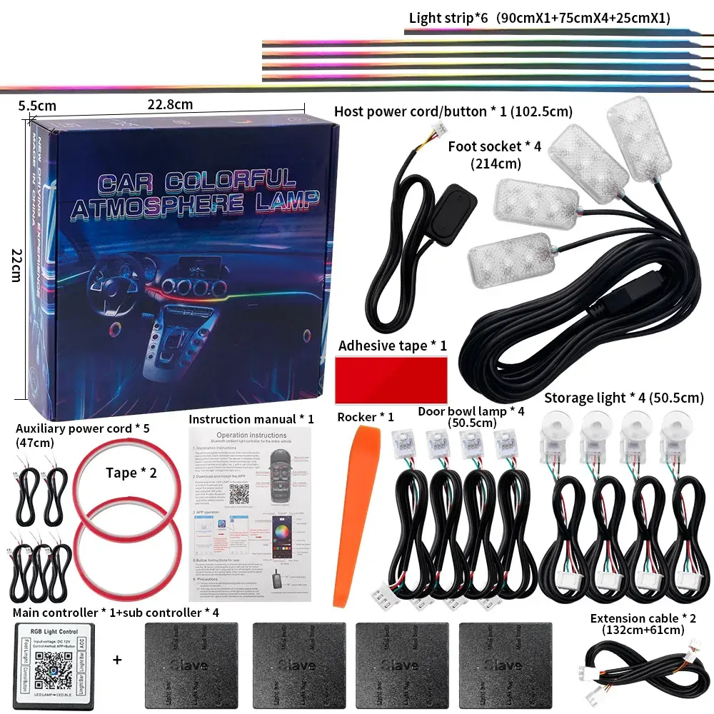 10/14/18 em 1 led luzes ambientais do carro 213 64 cores rgb sinfonia streamer bluetooth arco-íris tiras acrílicas kit de lâmpada atmosfera 12v - 1
