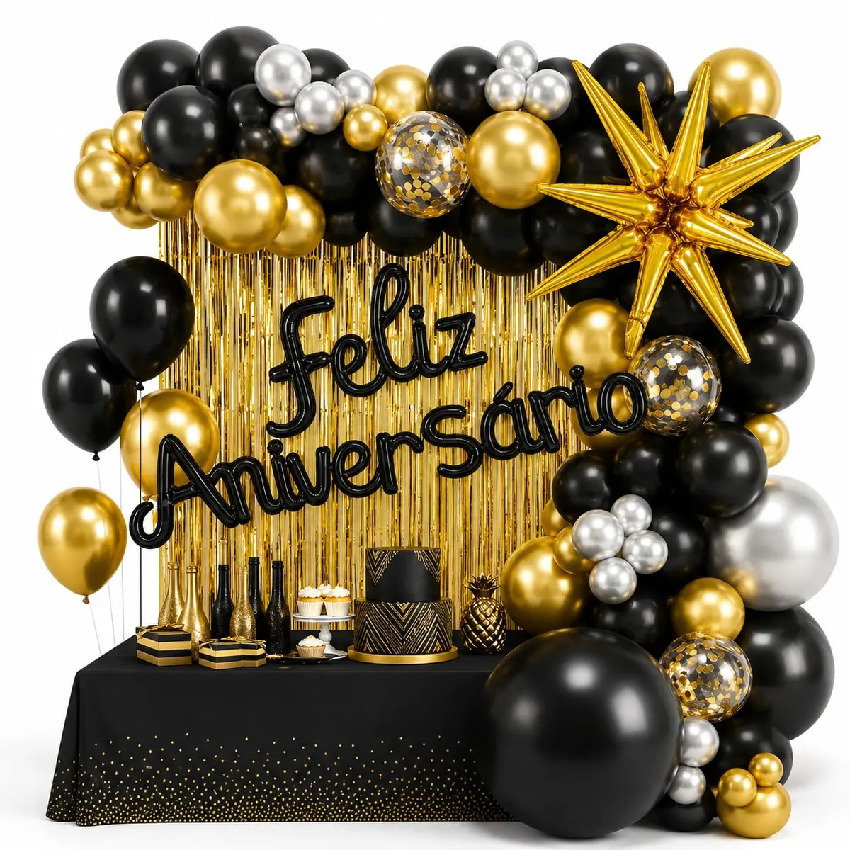 Kit Decoração de Aniversário com Balões, Letreiro e Cortina Preto e Dourado | Ideal para festa adulta e infantil. Inclui balões, letreiro luminoso e painel decorativo