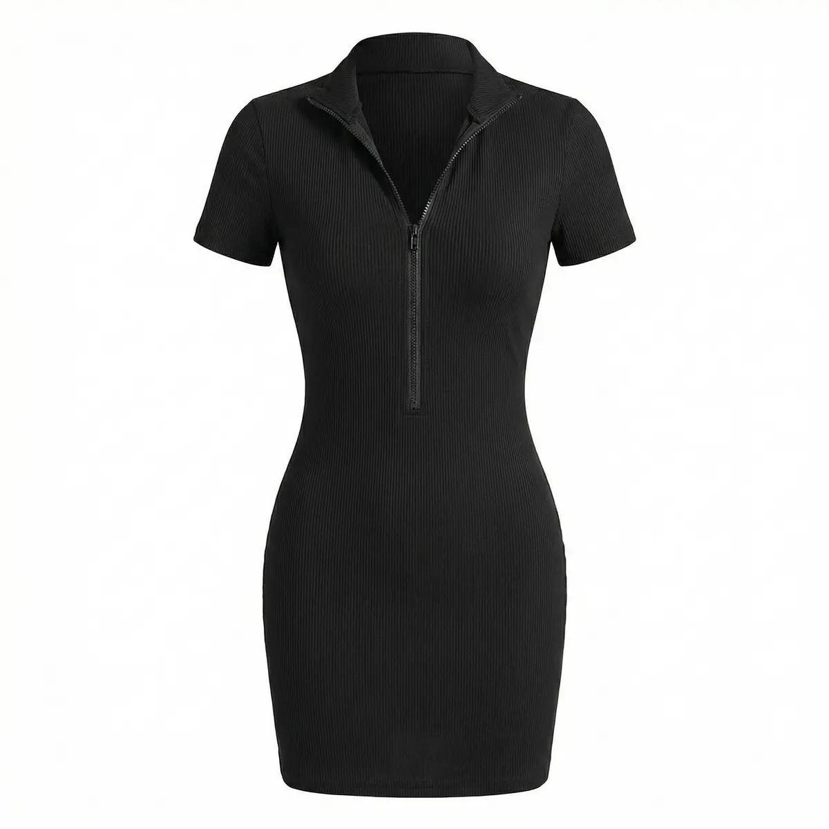 Vestido Curto Preto 95% Poly + 5% Elástica | Modelo Gola Polo com Zíper Frontal e Corte Bodycon
