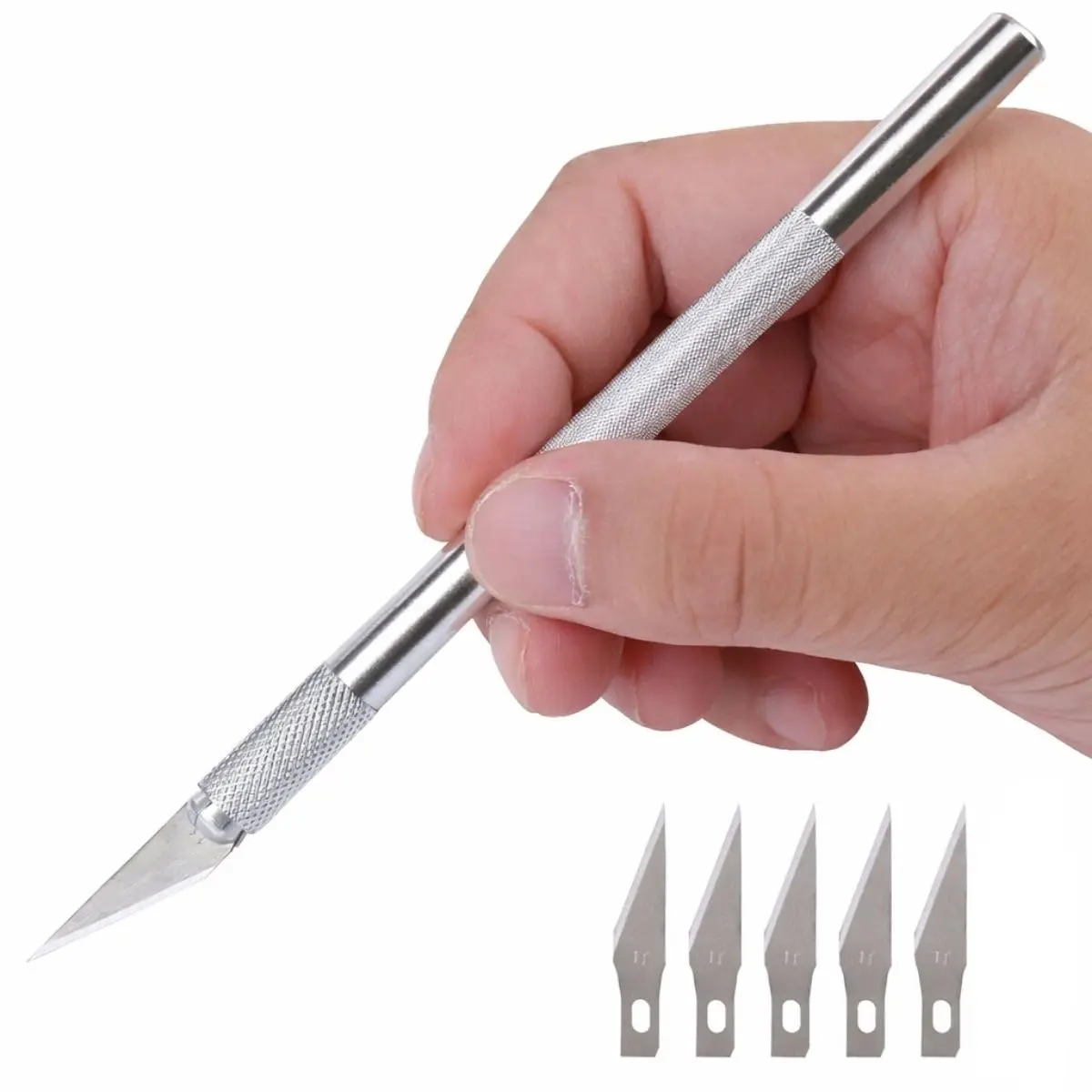 Estilete Precisão Profissional Tipo Bisturi Inclui 5 Lâminas Refil 14,5cm Aço Inox Alta Durabilidade Cabo Texturizado Artesanato Modelismo Premium